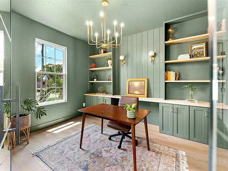 Finished home office with custom built-ins by Wages Construction